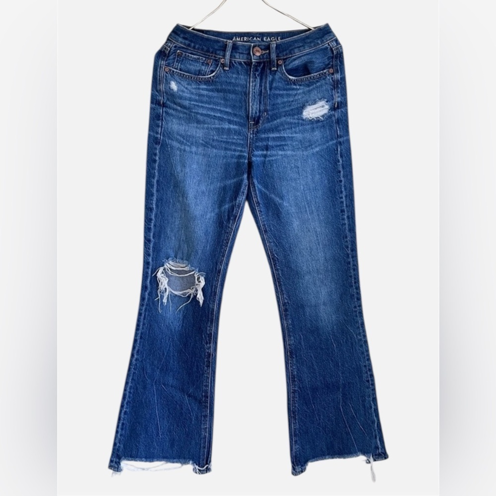 American Eagle denim Jeans Womens 2R Blue Long Super High Rise Flare Distressed
